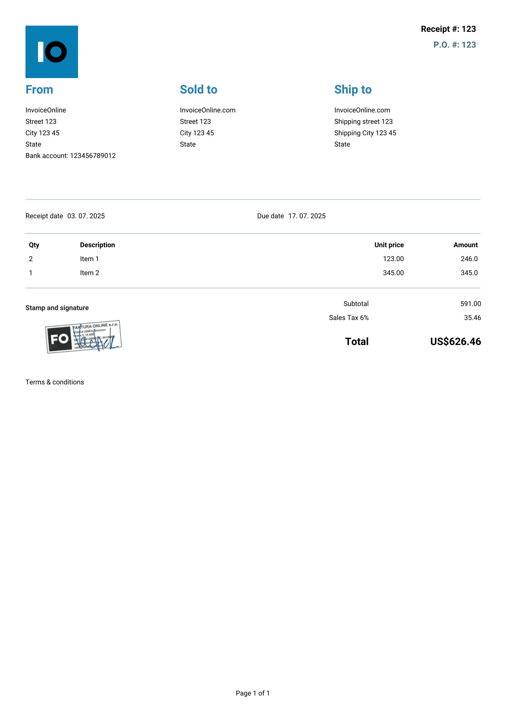 Template of the Sales Receipt 