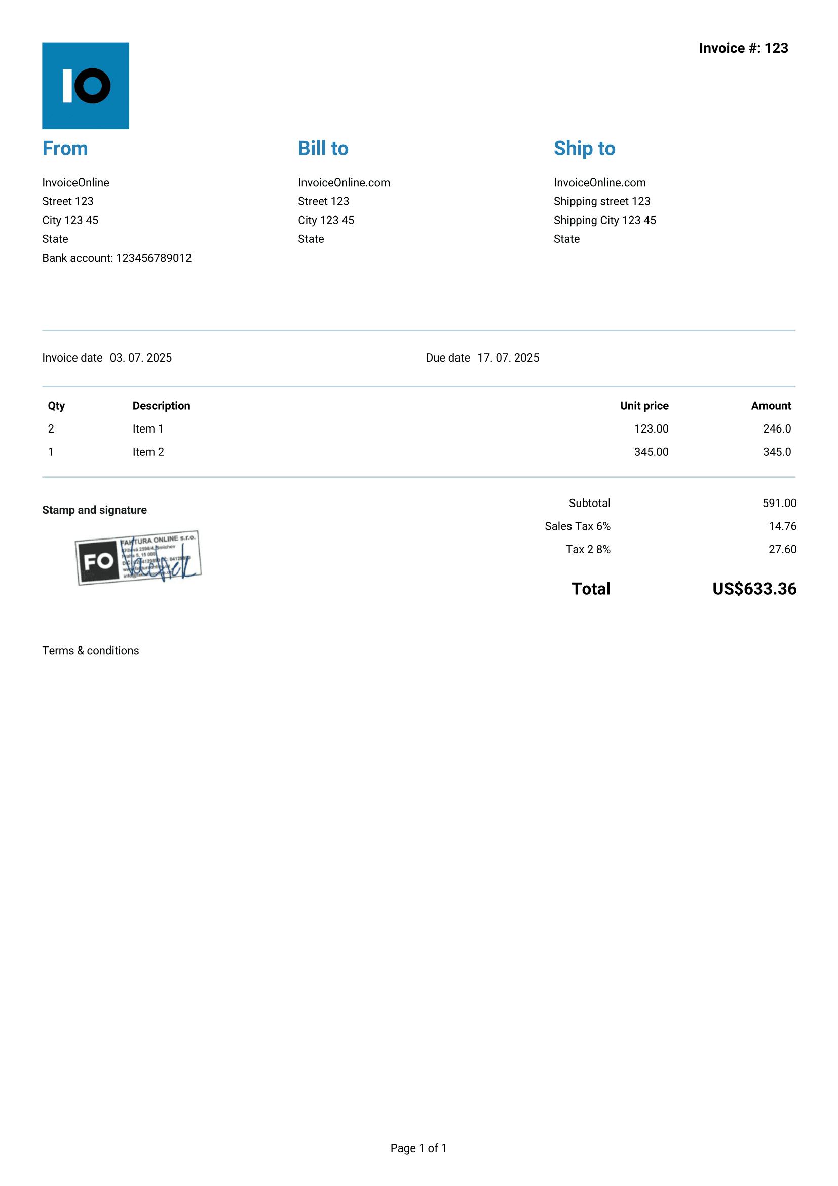 Template of the Tax Invoice