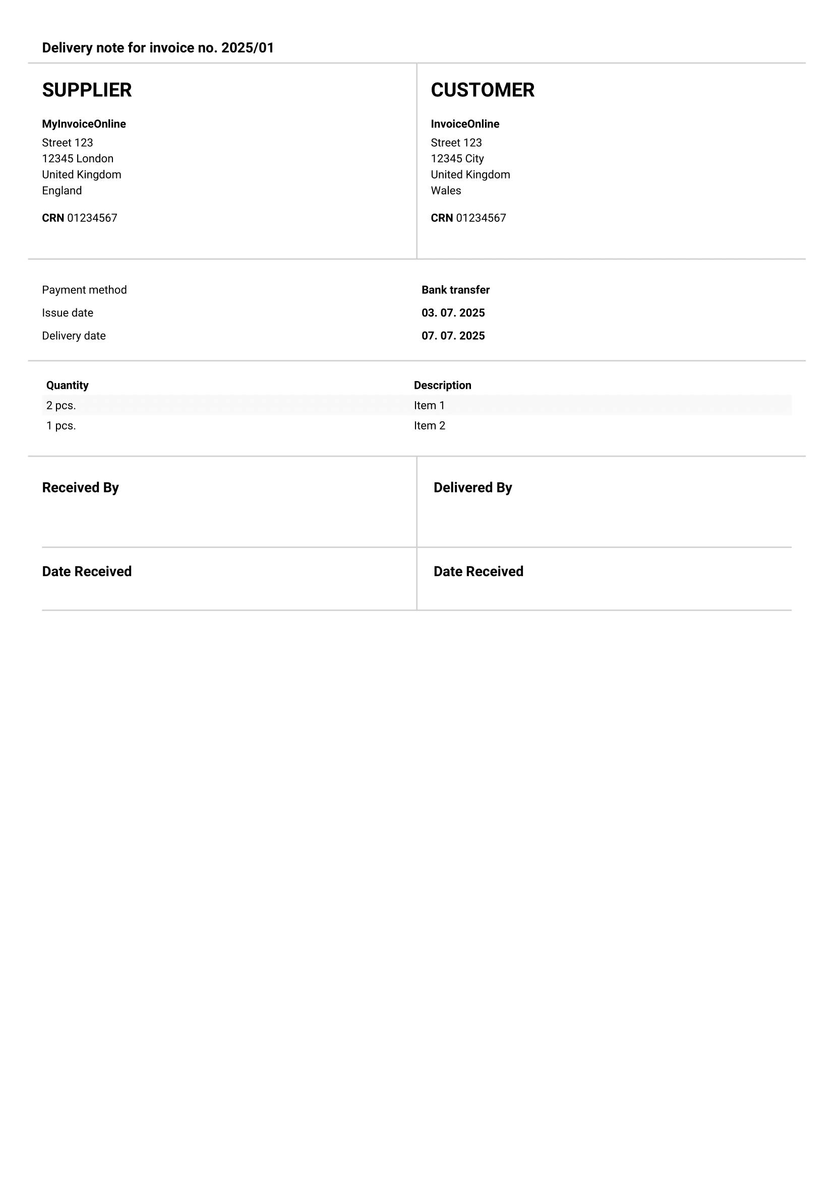 Delivery note template