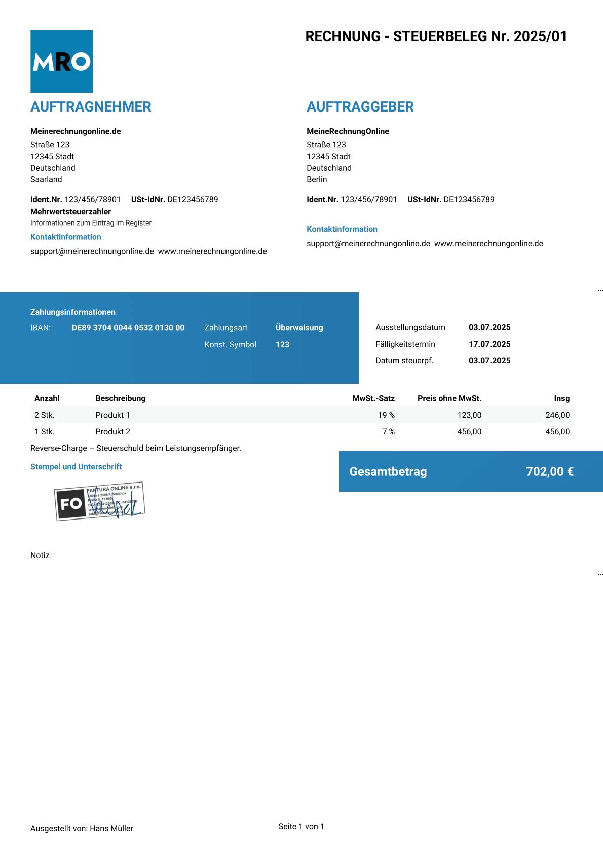 Muster-Gutschrift mit Reverse-Charge-Vermerk