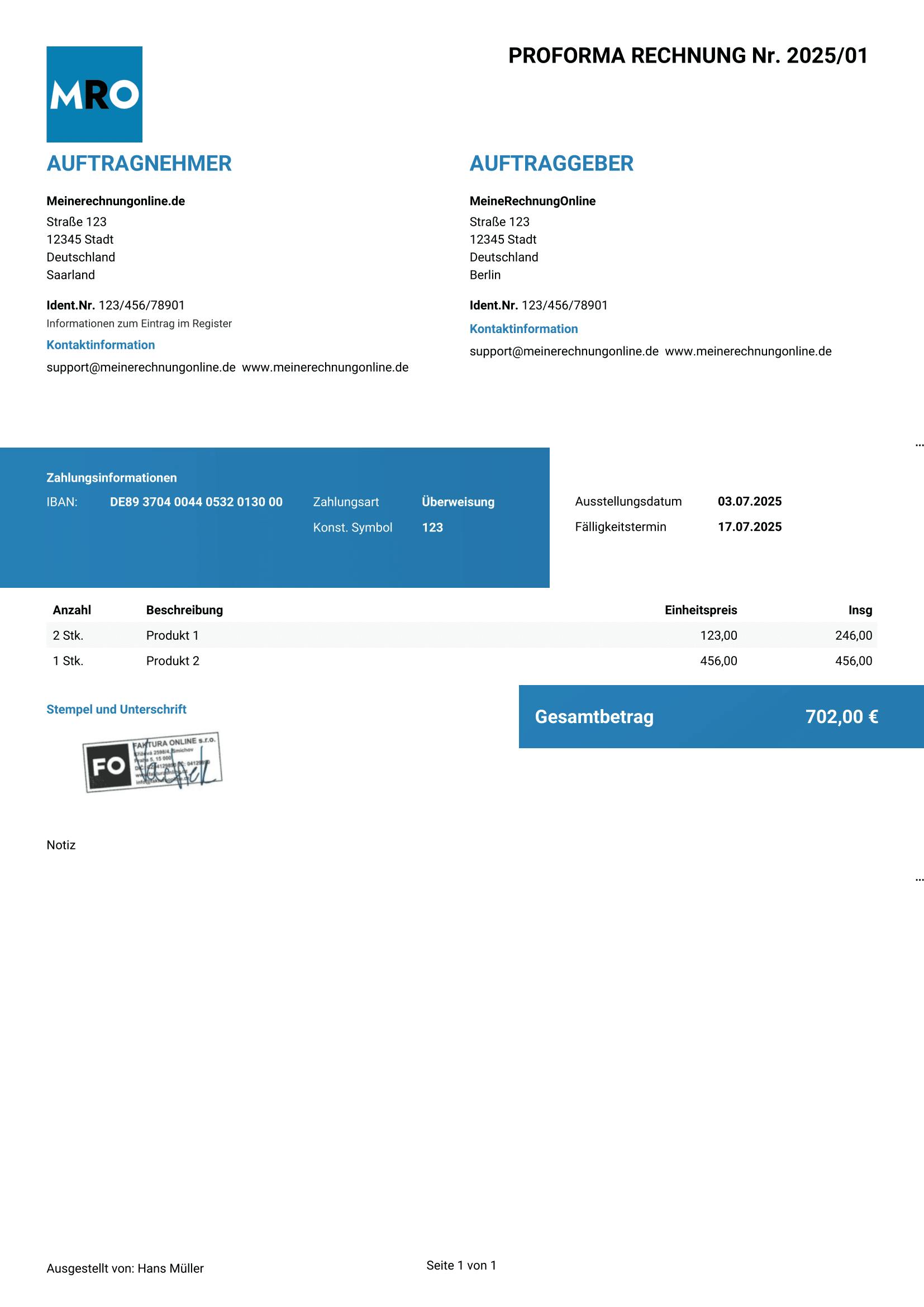 Muster-Proforma-Rechnung