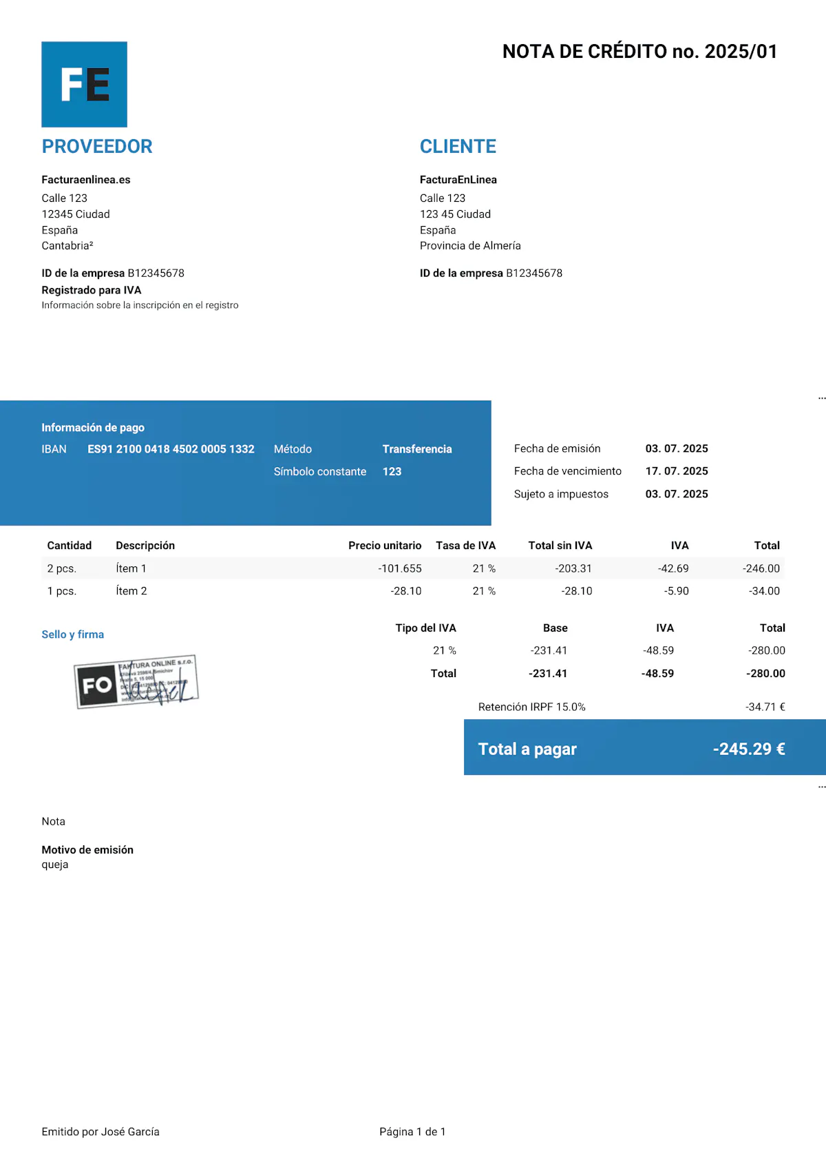 Plantilla de Factura Rectificativa