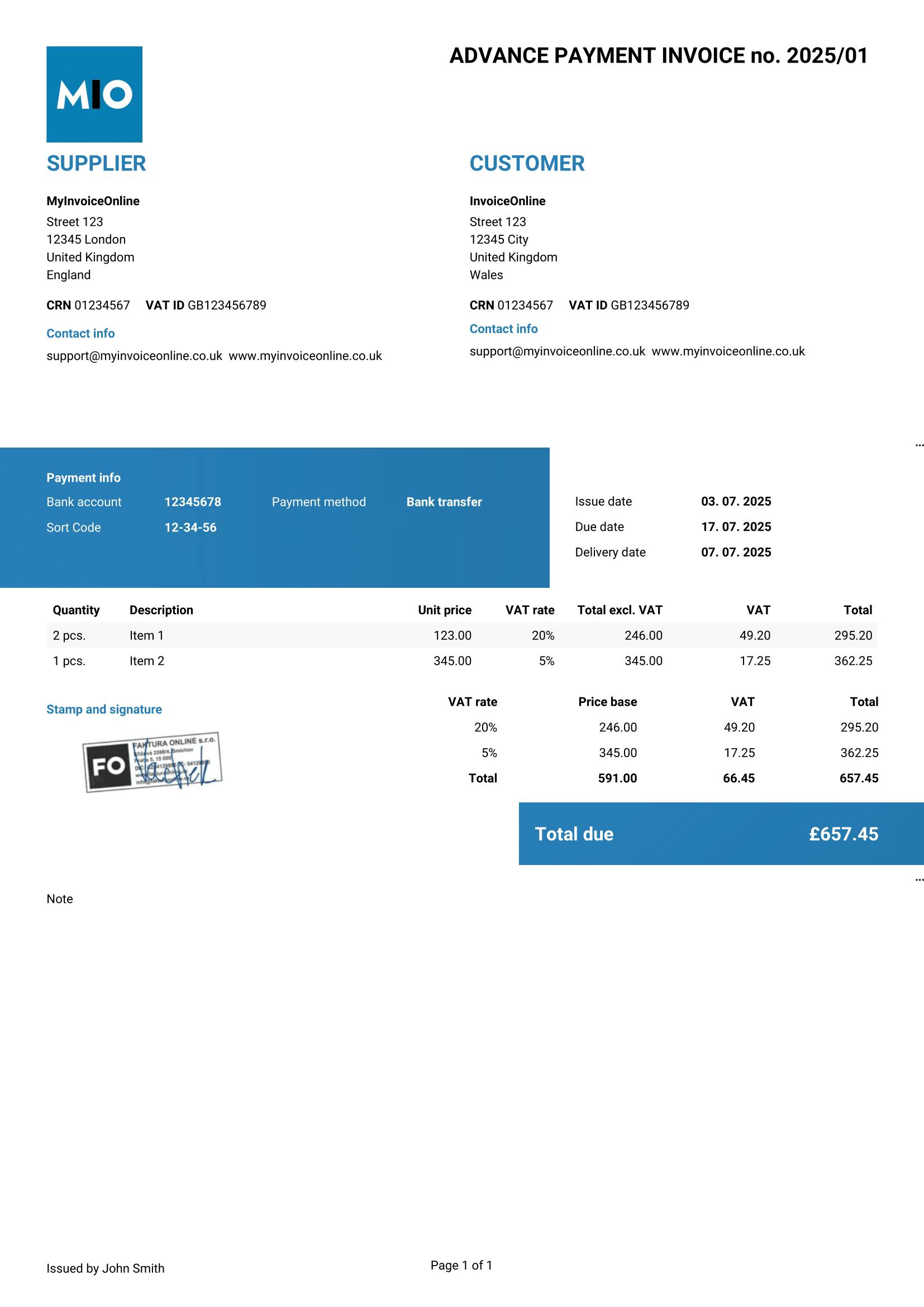 Advance Payment Invoice Template