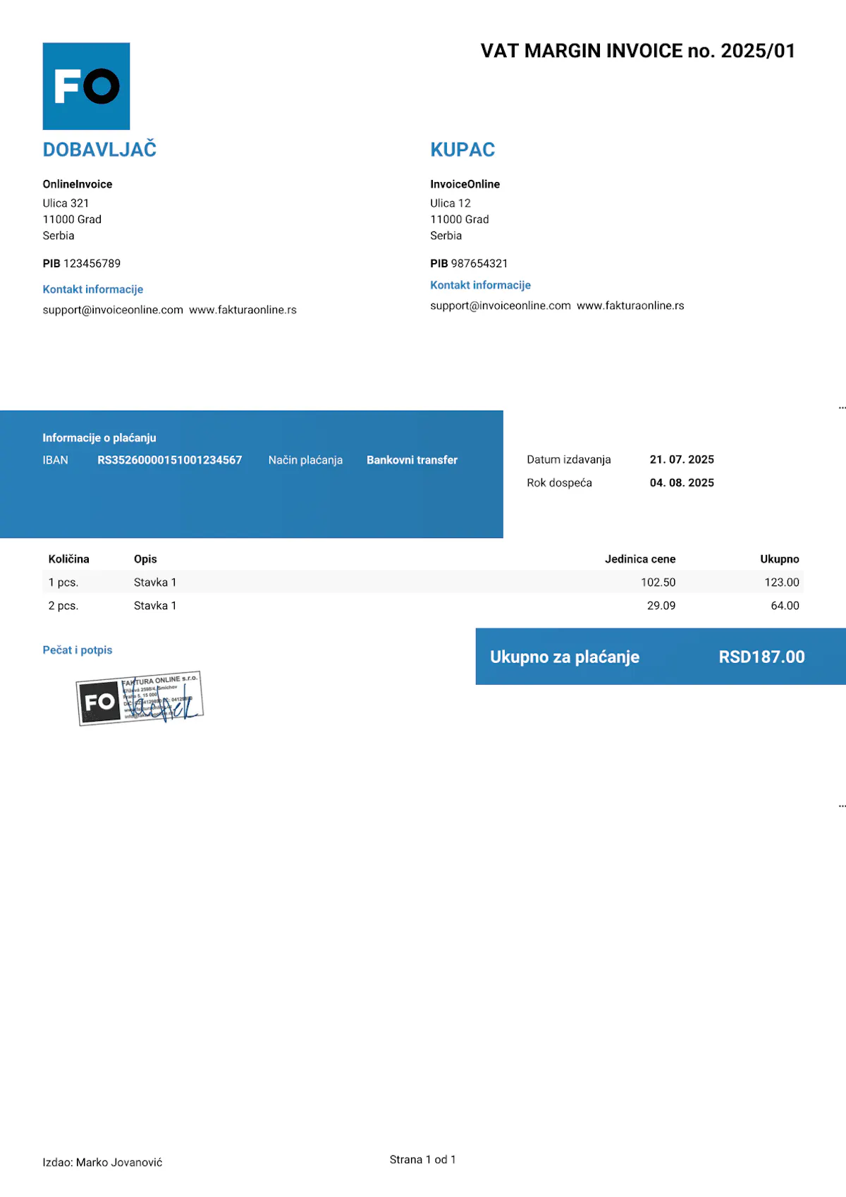 Uzorak računa za prodaju polovnih dobara (razlika u ceni)