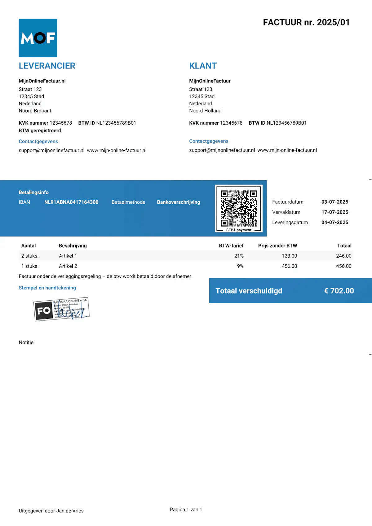 Voorbeeldfactuur met btw-verlegging – reverse charge