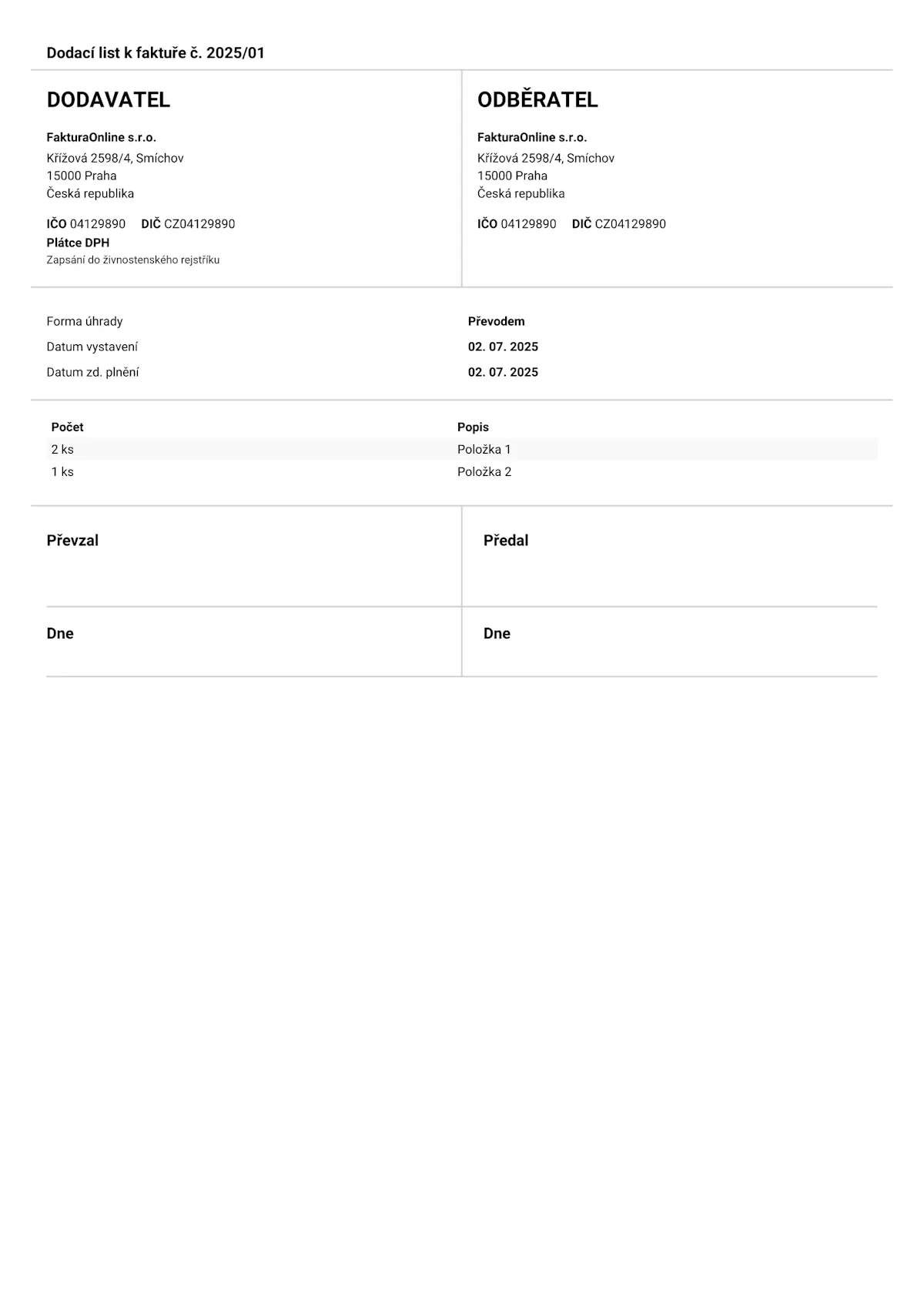 Vzor dodacího listu