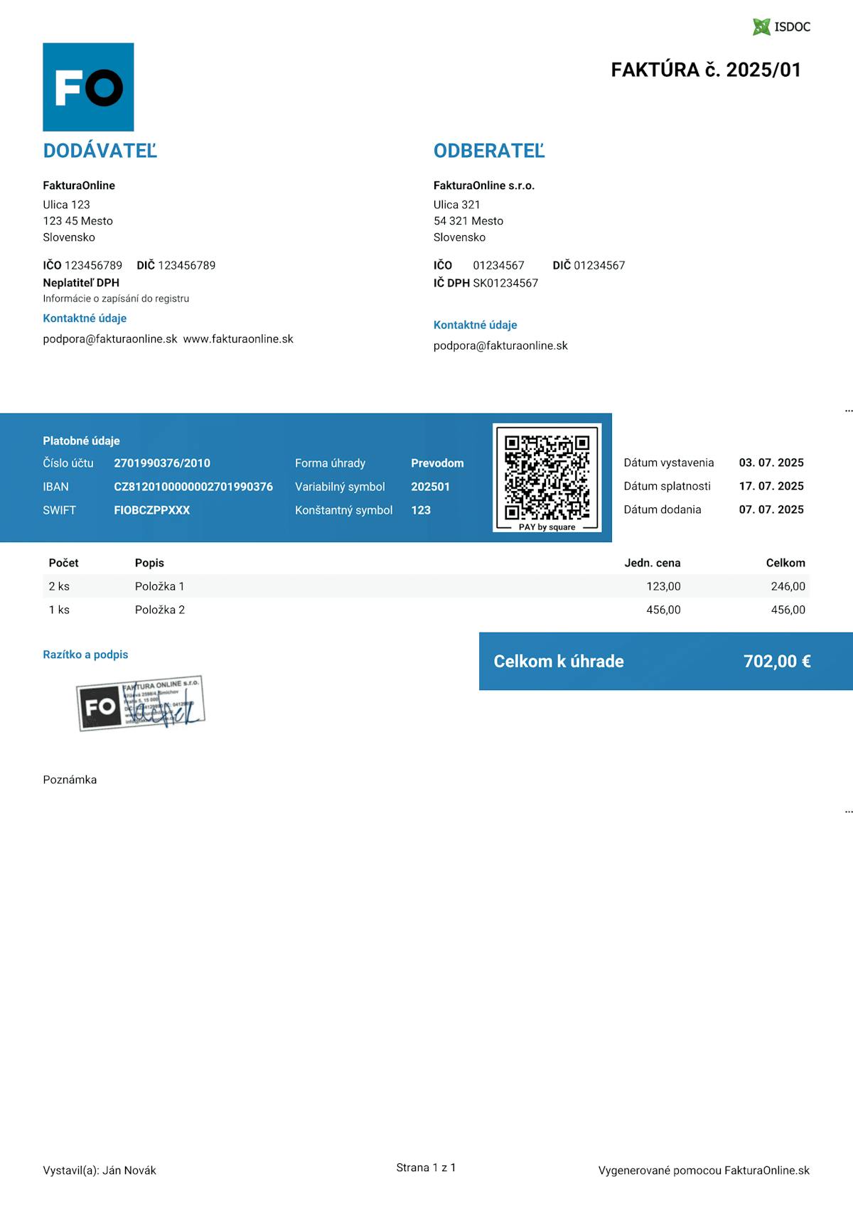 Vzor faktúry neplatiteľa DPH