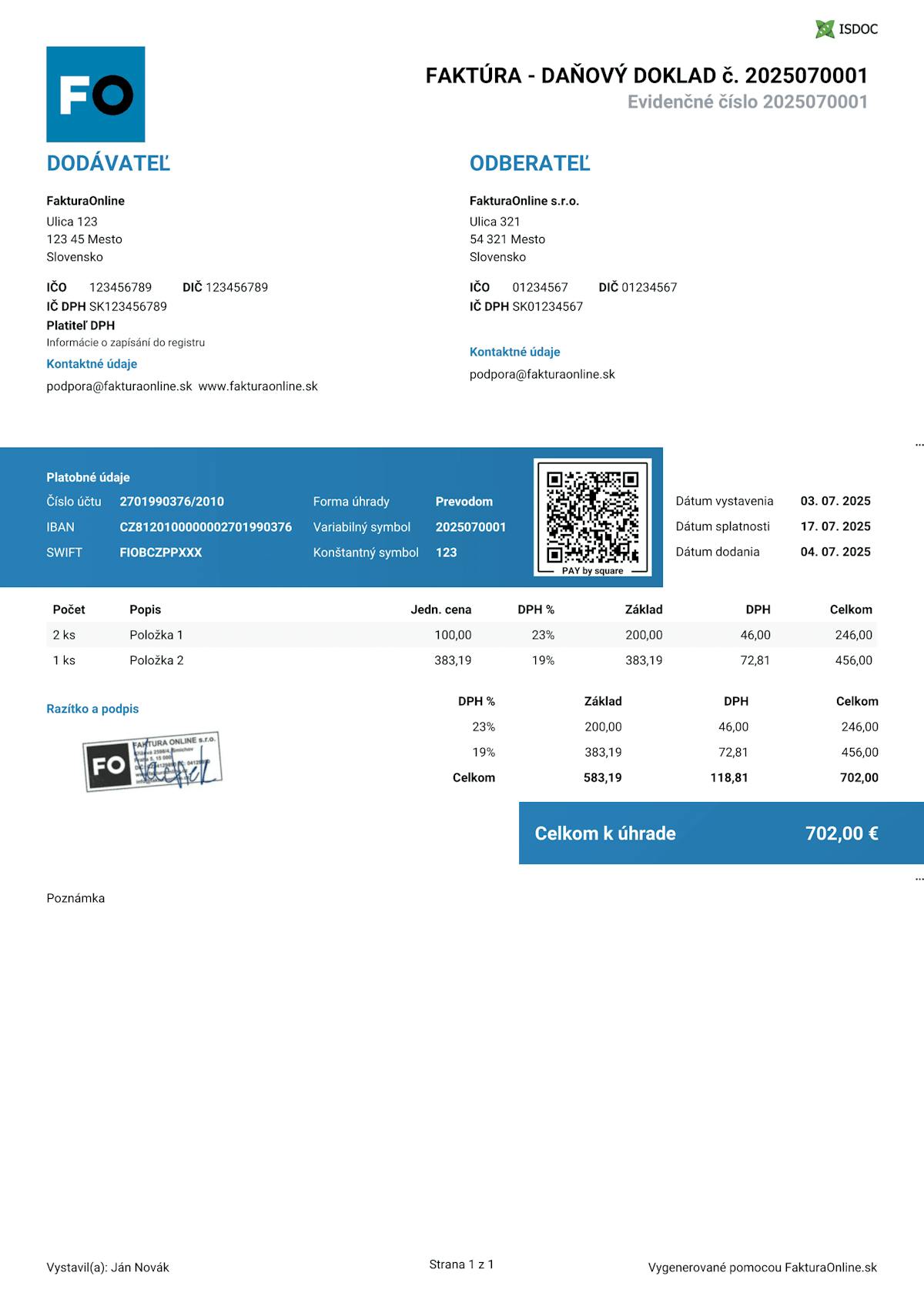 Vzor faktúry Google Docs