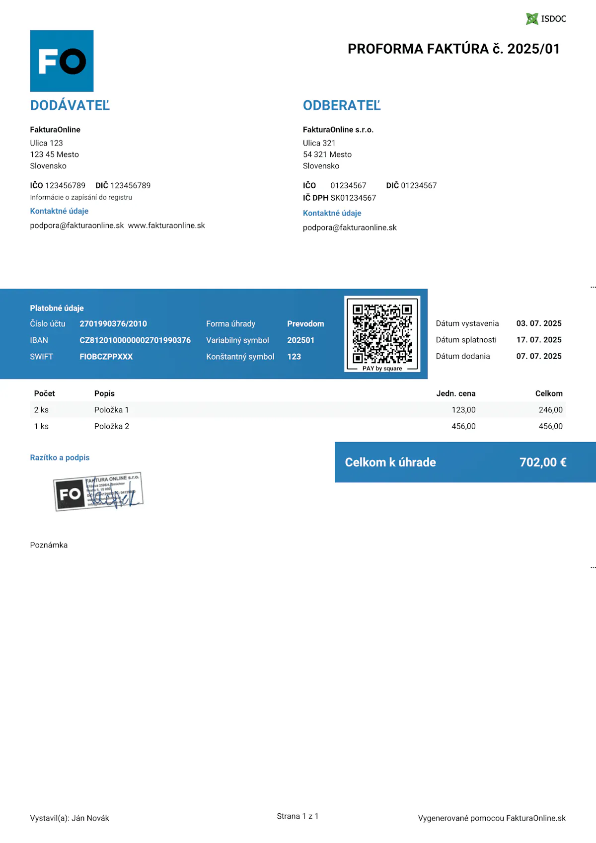 Vzor proforma faktúry