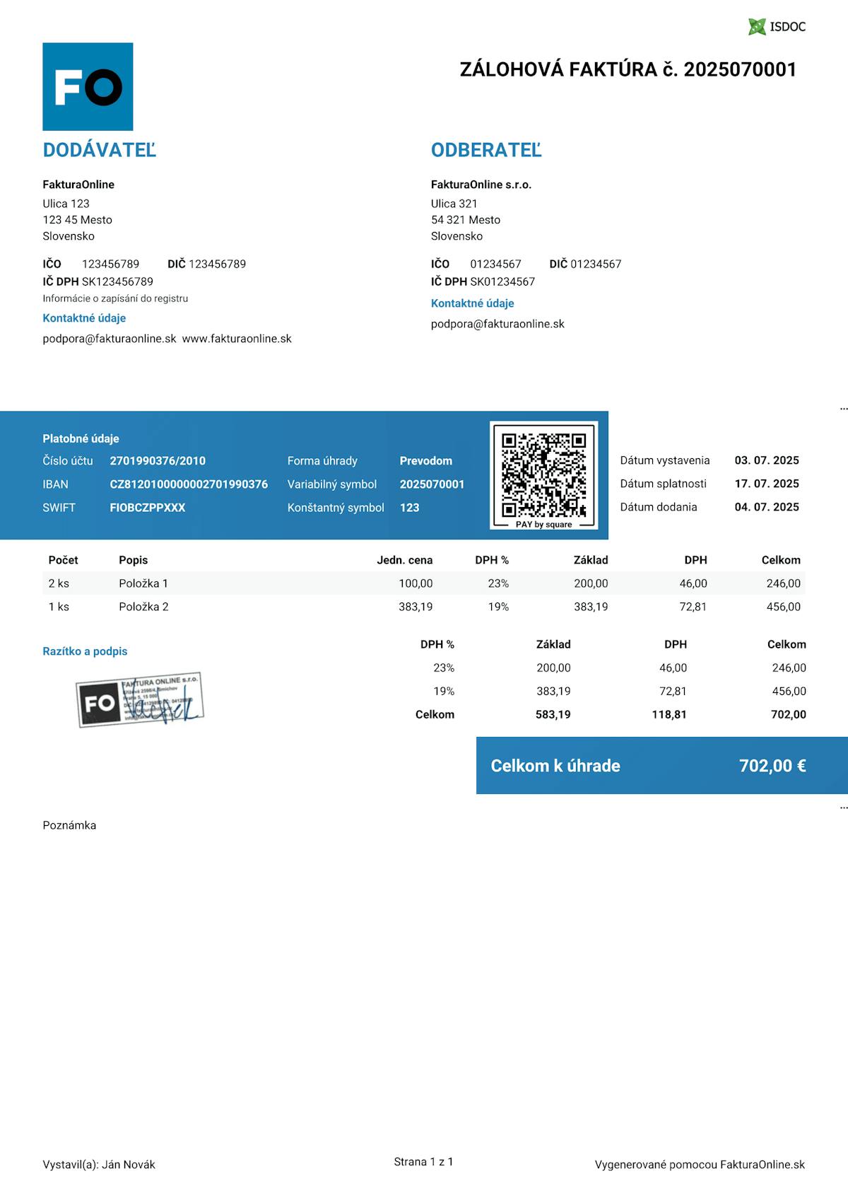 Vzor zálohovej faktúry