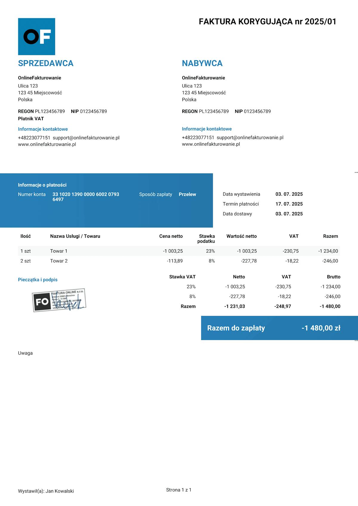 Wzór faktury korygującej