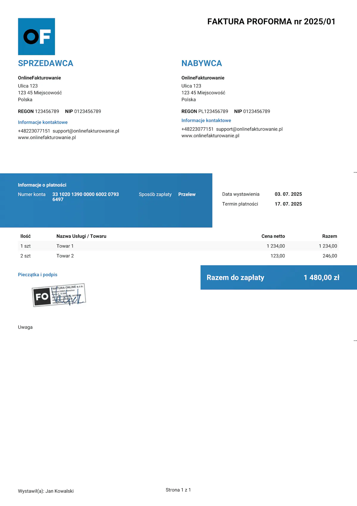 Wzór faktury pro forma