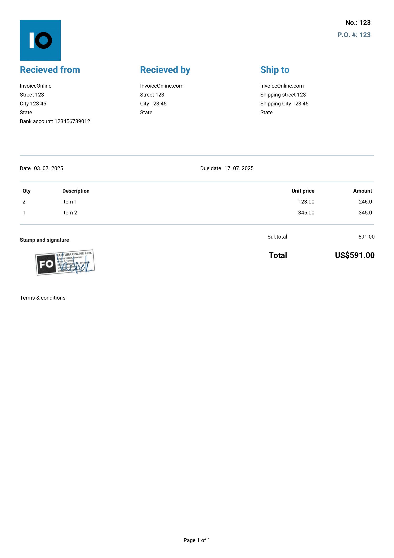 Template of the Cash Receipt
