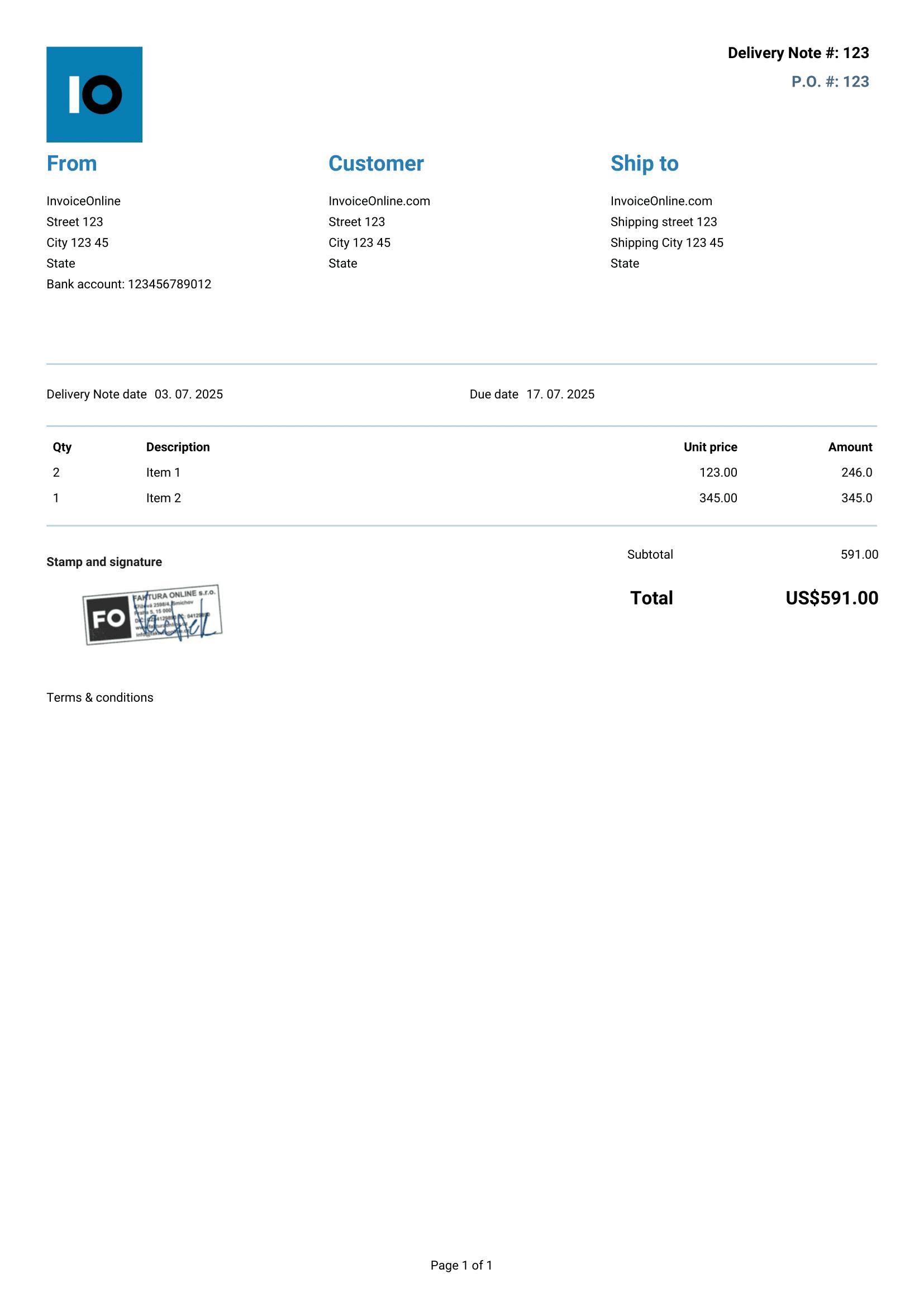 Template of the Delivery Note