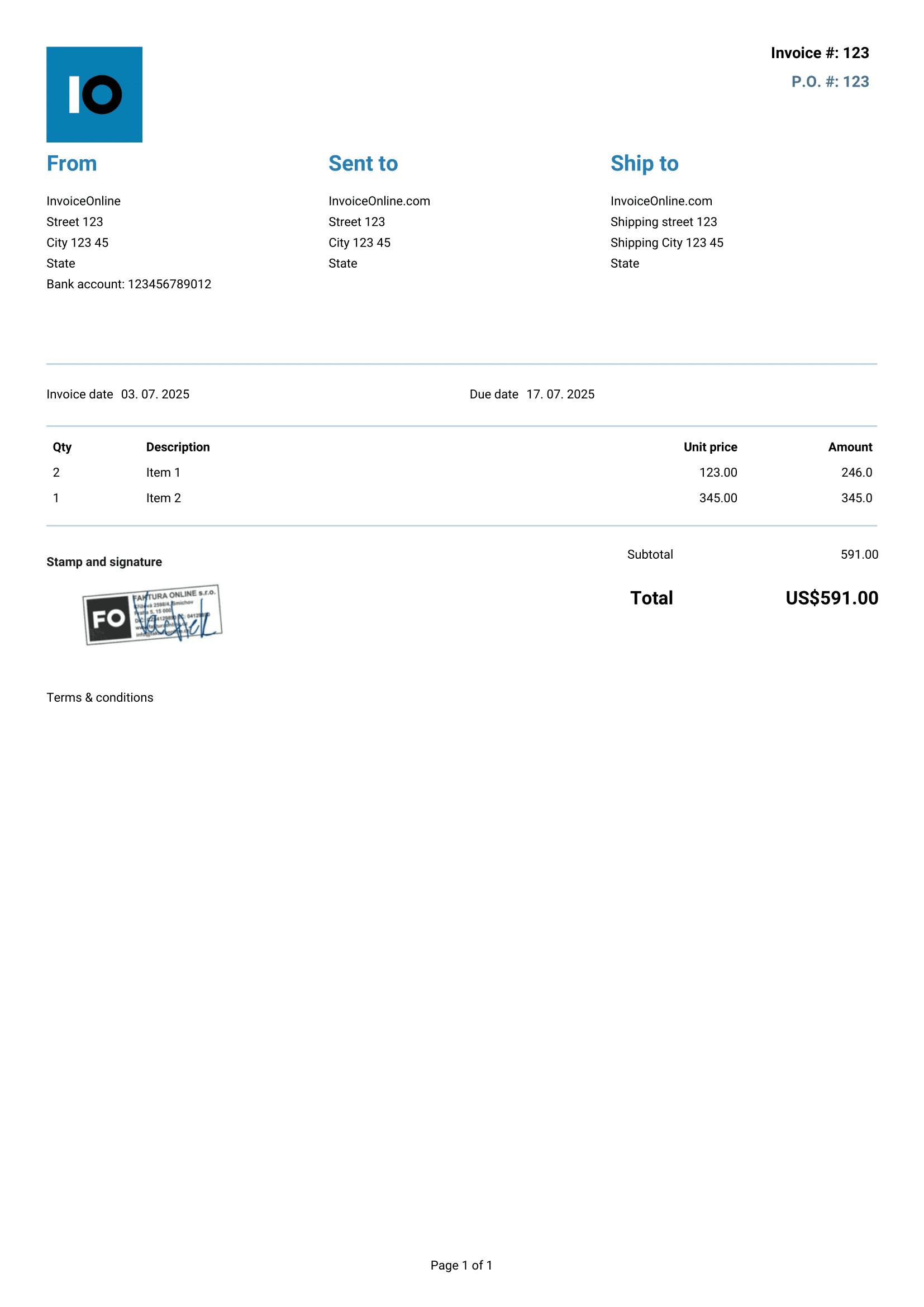 Template of the Pro forma invoice