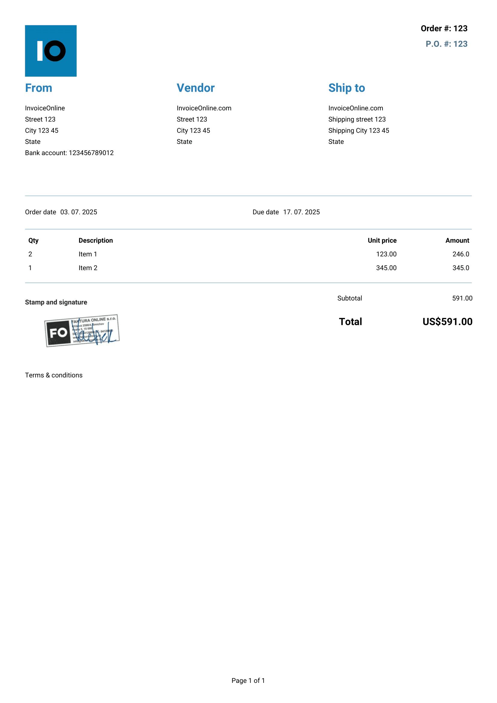 Template of the Purchase Order 