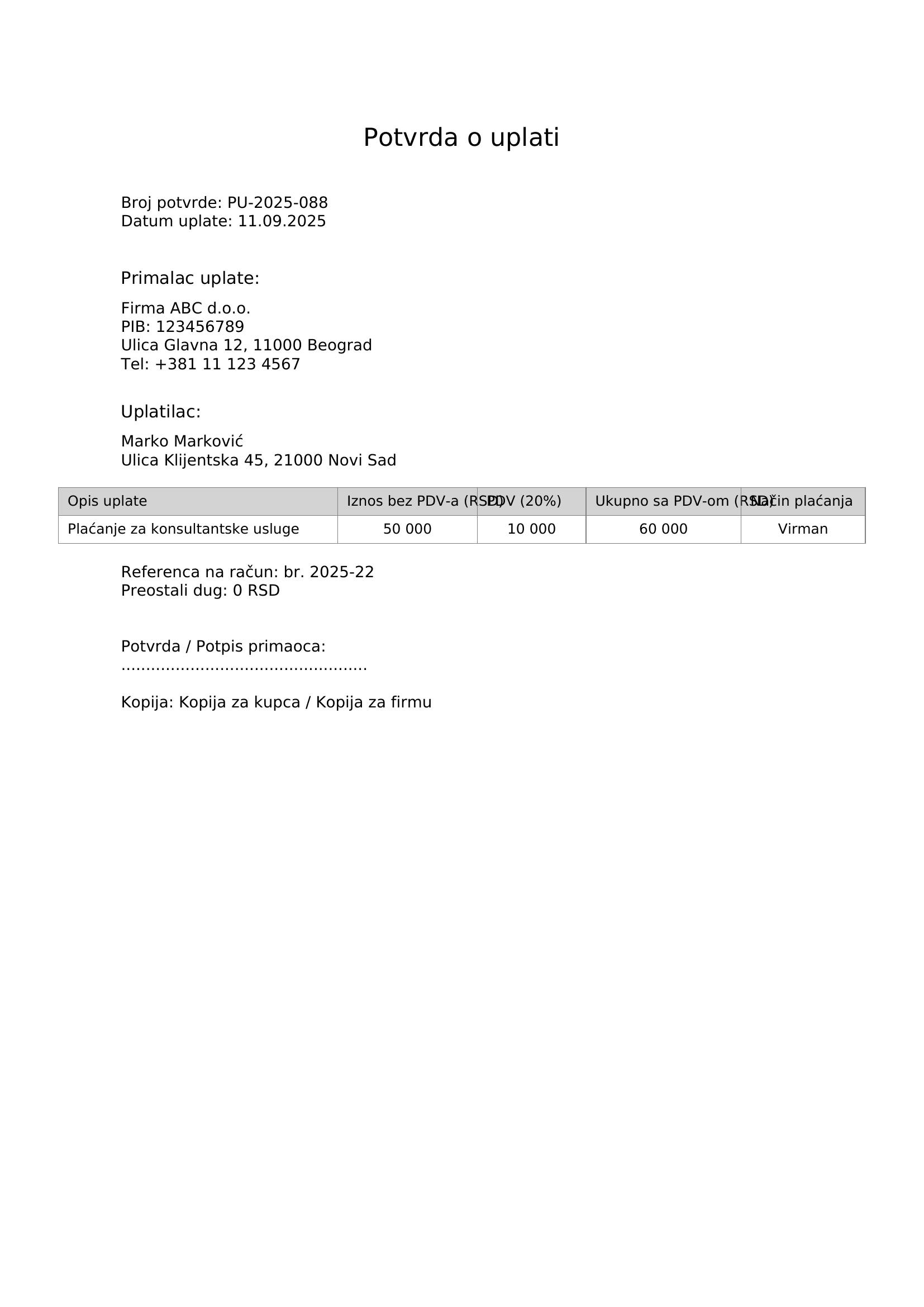 Uzorak Potvrde o uplati