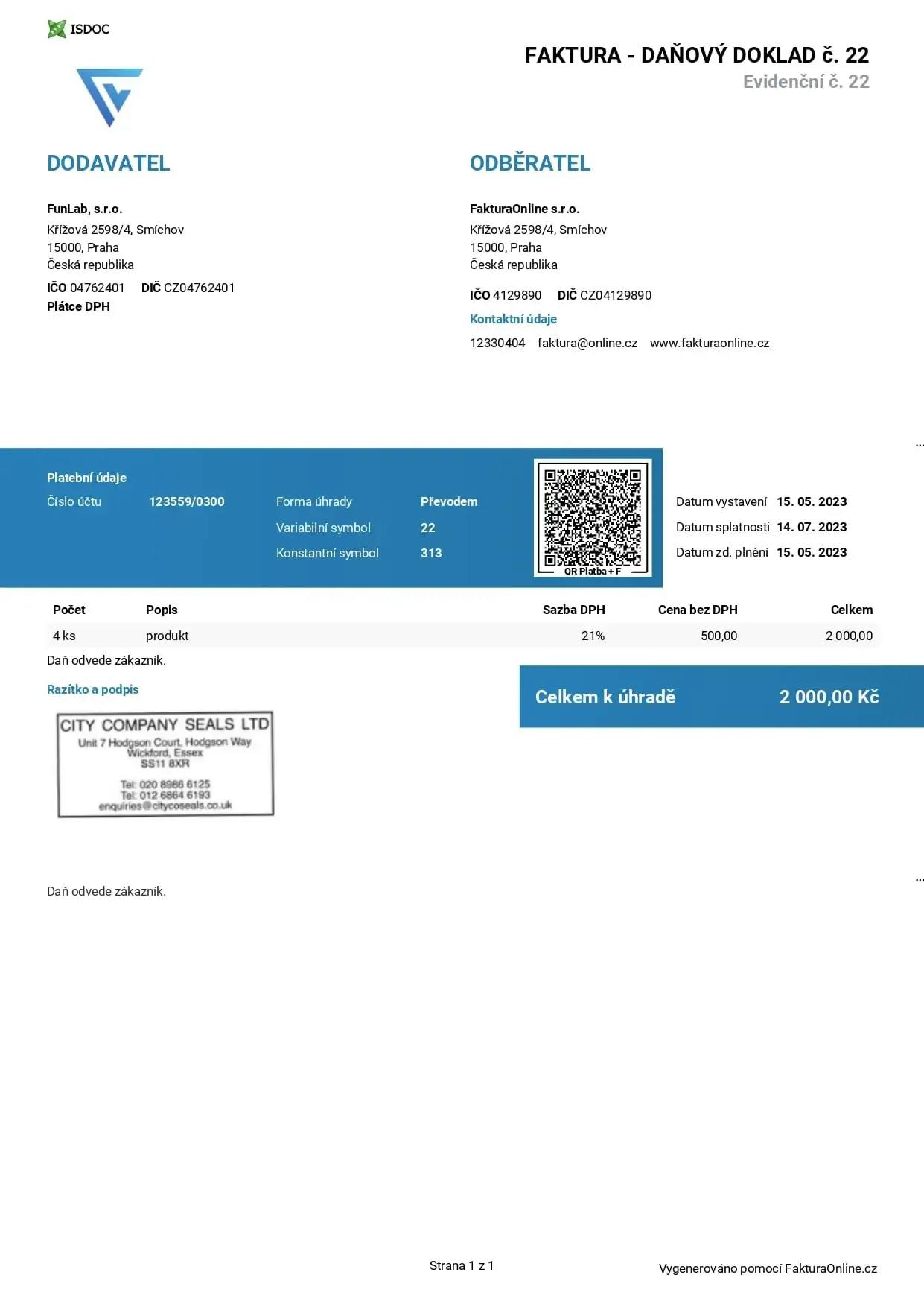 Vzor faktury přenesené daňové povinnosti