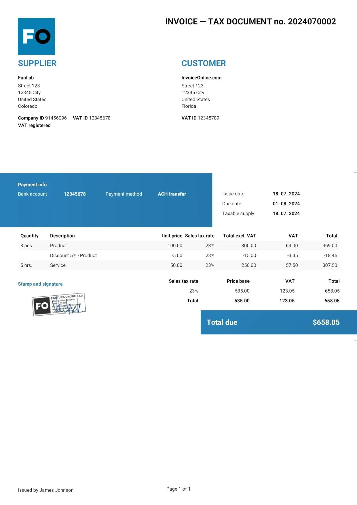 Template of the Tax Invoice