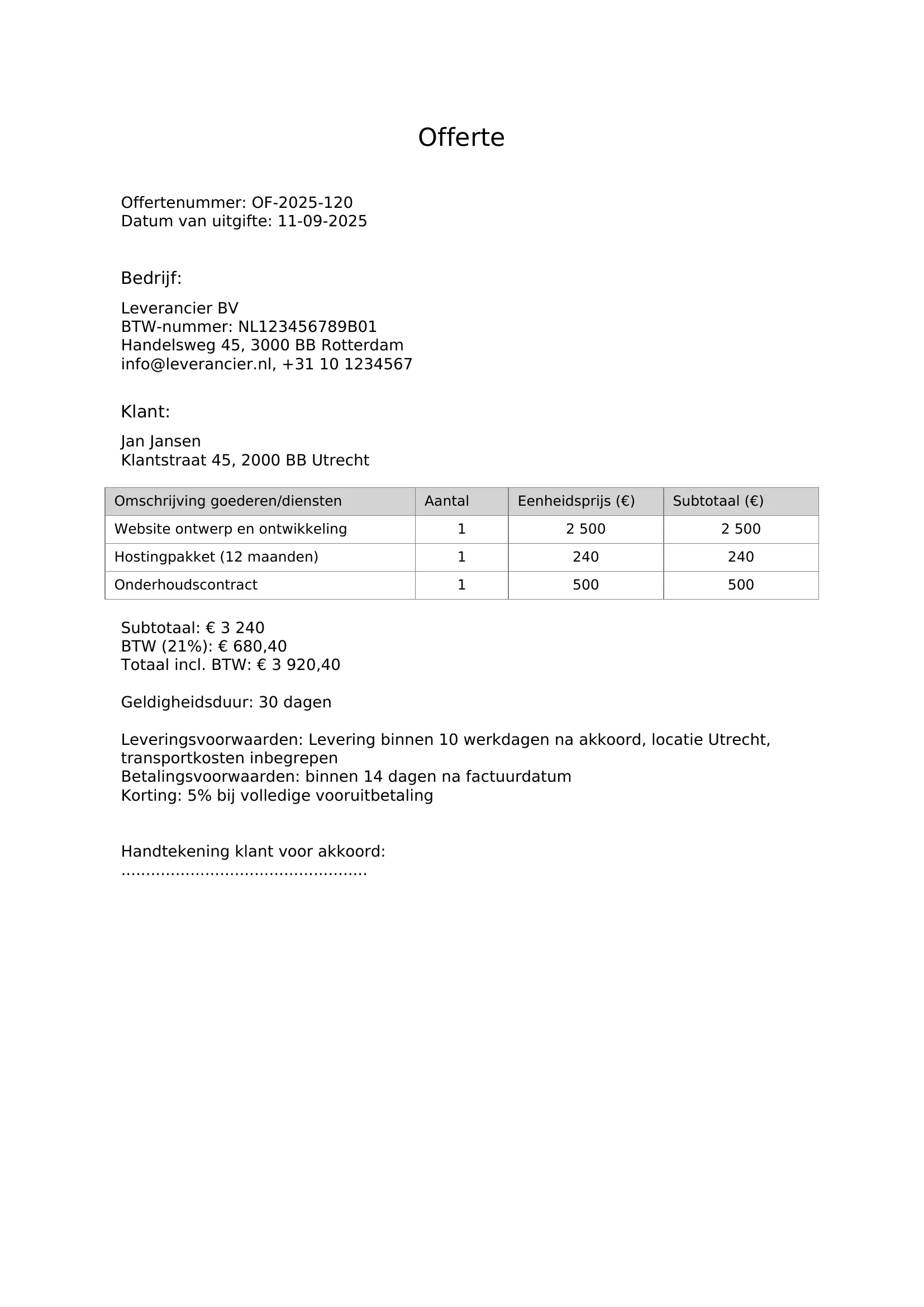 Offerte Format Ritten Voorbeeld Offerte | Mijn-Online-Factuur.nl