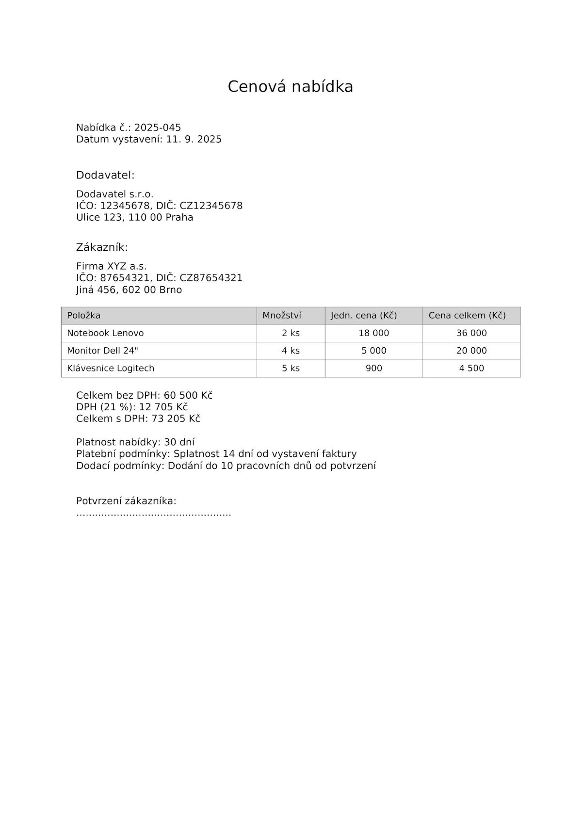 Vzor cenové nabídky