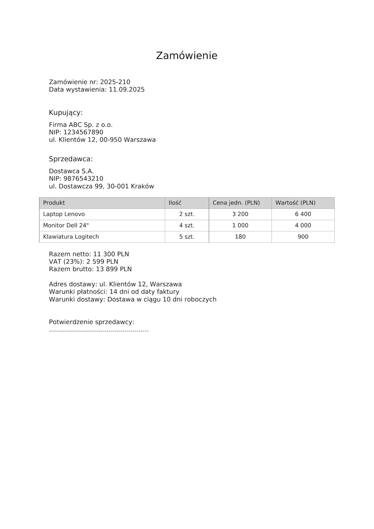 Wzór zamówienia